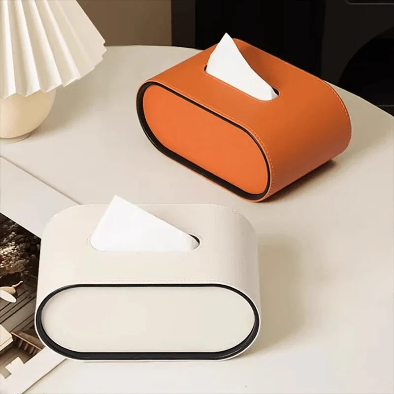 Tissue Box Cover Leather Oval With Contrasting Piping