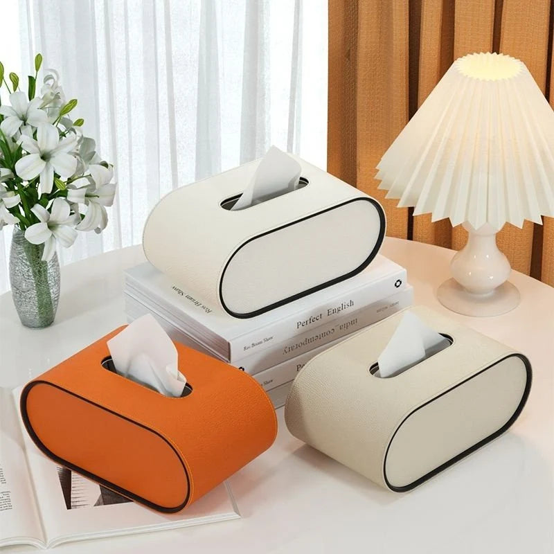 Tissue Box Cover Leather Oval With Contrasting Piping