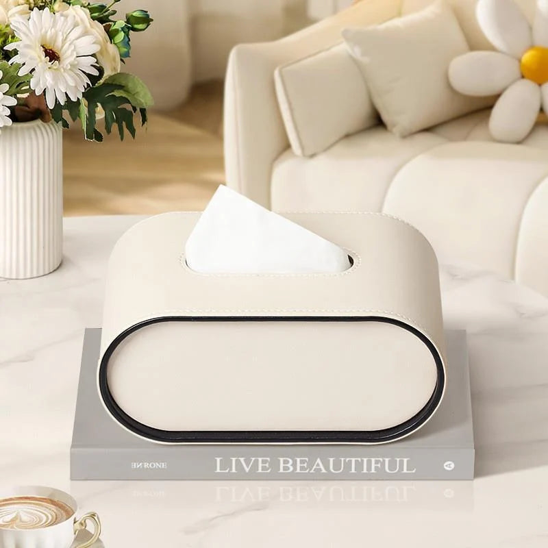 Tissue Box Cover Leather Oval With Contrasting Piping
