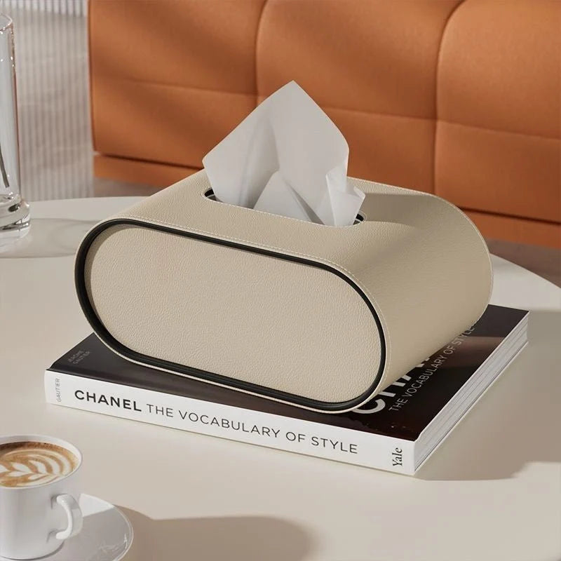 Tissue Box Cover Leather Oval With Contrasting Piping