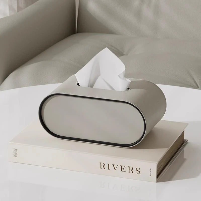 Tissue Box Cover Leather Oval With Contrasting Piping