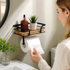 Toilet Paper Holder Wall-Mounted Wrought Iron & Wood
