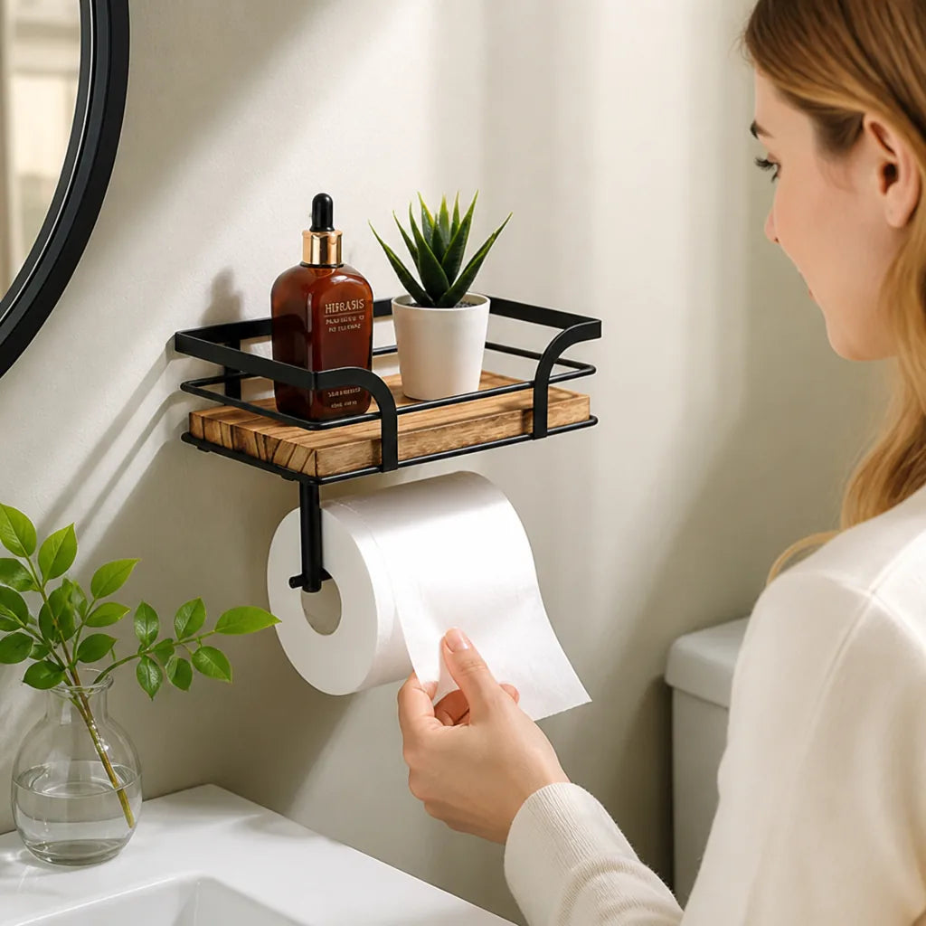 Toilet Paper Holder Wall-Mounted Wrought Iron & Wood
