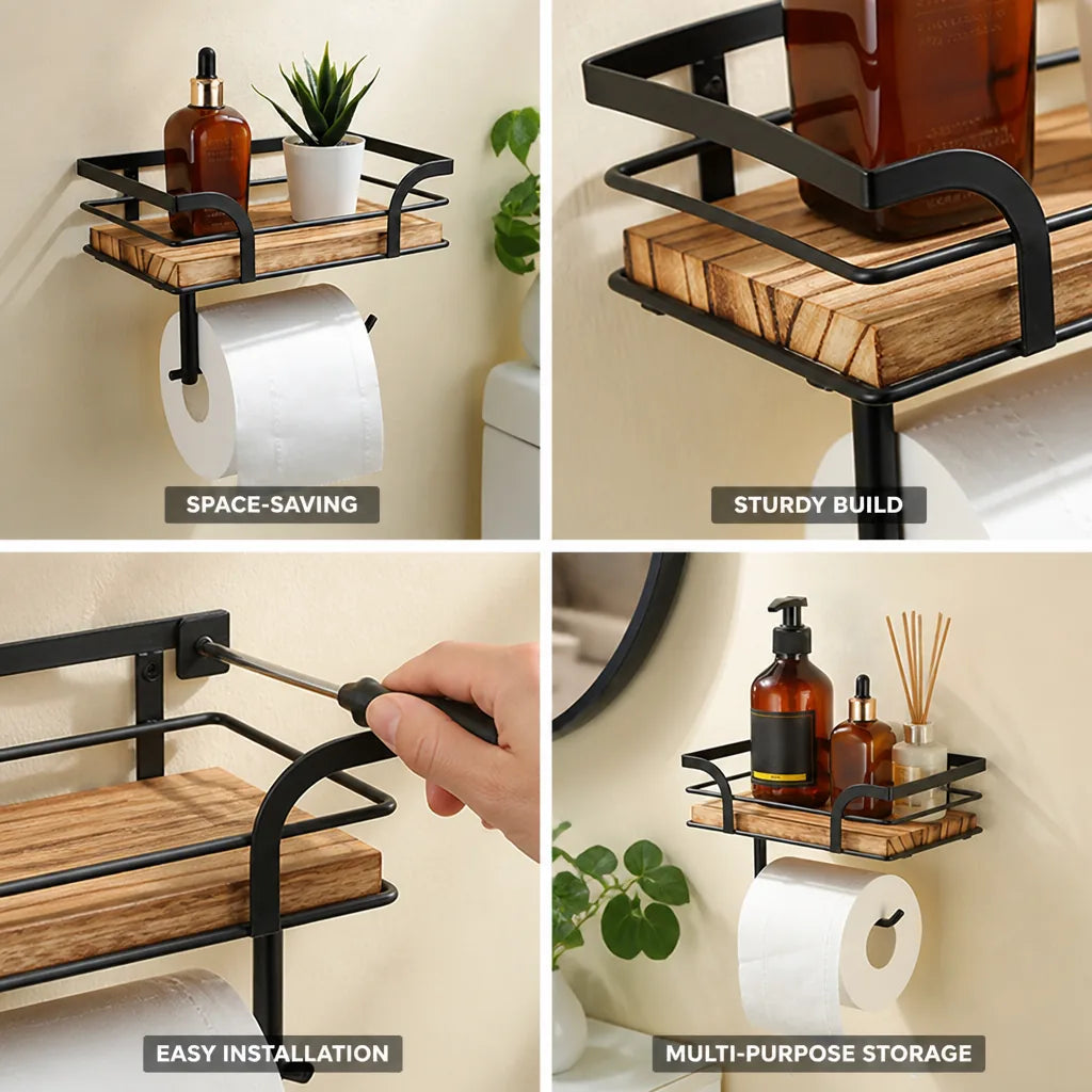 Toilet Paper Holder Wall-Mounted Wrought Iron & Wood
