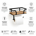 Toilet Paper Holder Wall-Mounted Wrought Iron & Wood