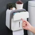 Toilet Paper Holder with Storage Drawer, Phone Shelf & No-Drill Adhesive Mount