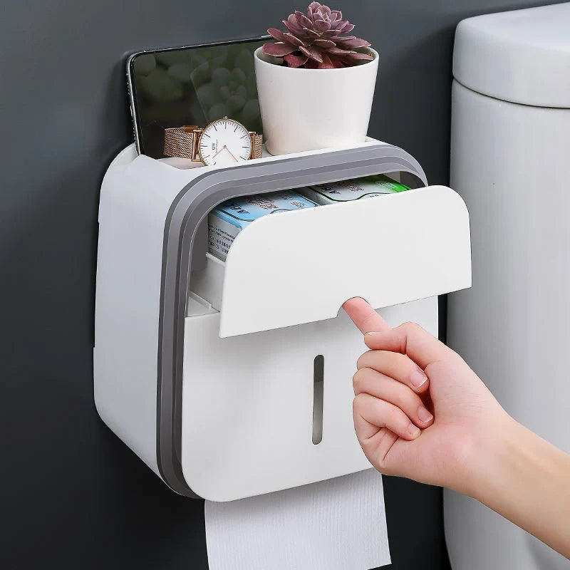 Toilet Paper Holder with Storage Drawer, Phone Shelf & No-Drill Adhesive Mount