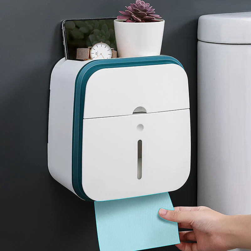 Toilet Paper Holder with Storage Drawer, Phone Shelf & No-Drill Adhesive Mount