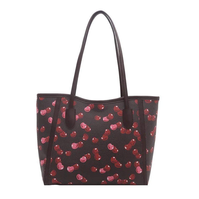 Tote Bag Synthetic Leather Cherry Print Spacious Interior