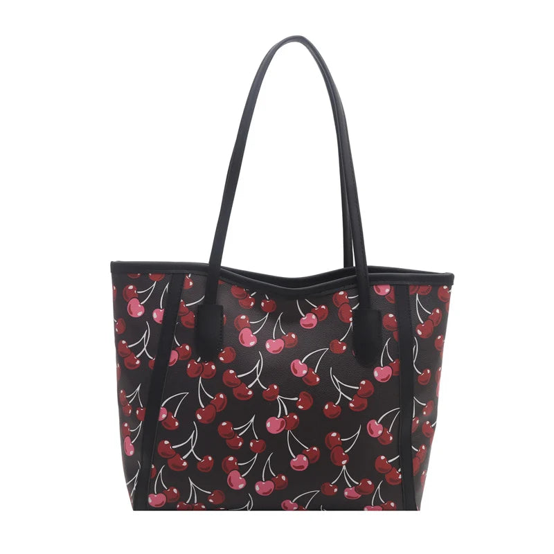 Tote Bag Synthetic Leather Cherry Print Spacious Interior
