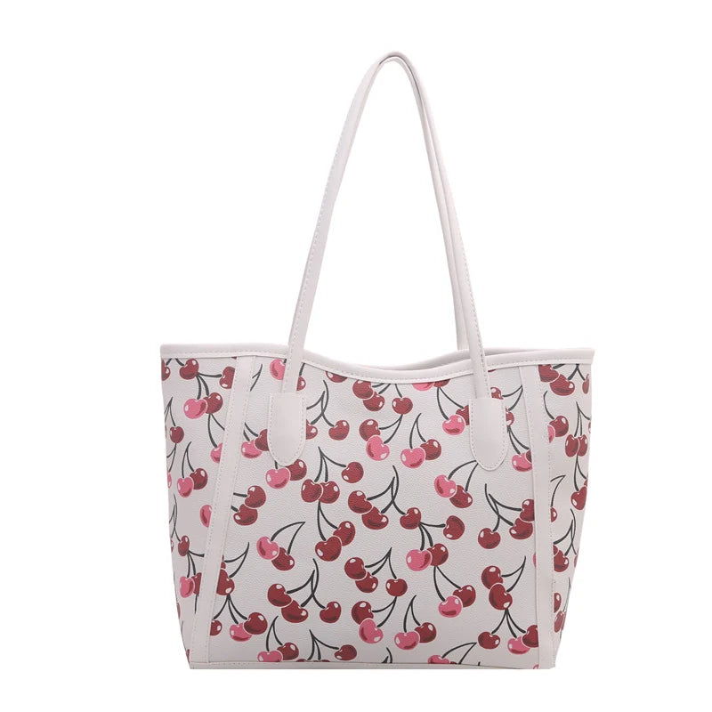 Tote Bag Synthetic Leather Cherry Print Spacious Interior