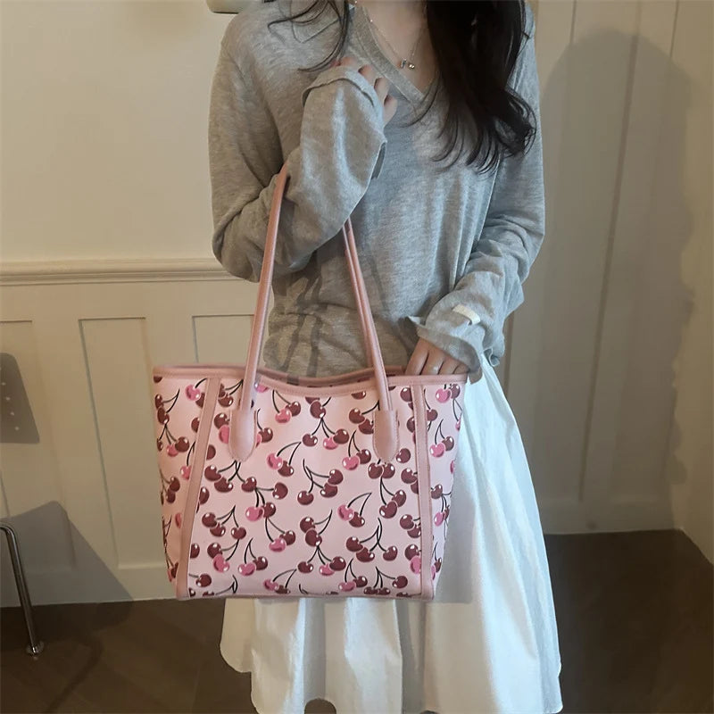 Tote Bag Synthetic Leather Cherry Print Spacious Interior