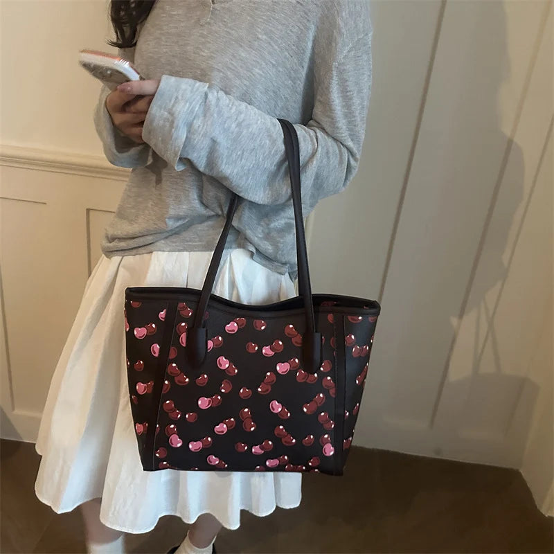 Tote Bag Synthetic Leather Cherry Print Spacious Interior