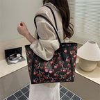 Tote Bag Synthetic Leather Cherry Print Spacious Interior