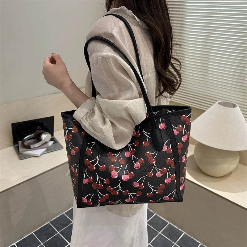 Tote Bag Synthetic Leather Cherry Print Spacious Interior