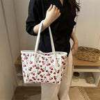 Tote Bag Synthetic Leather Cherry Print Spacious Interior