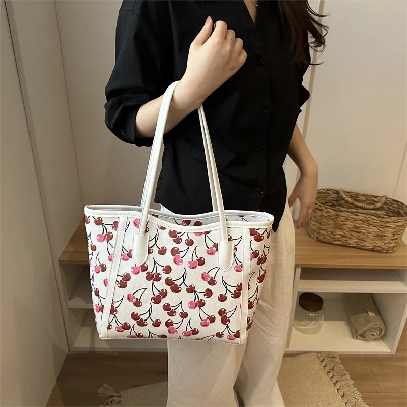 Tote Bag Synthetic Leather Cherry Print Spacious Interior
