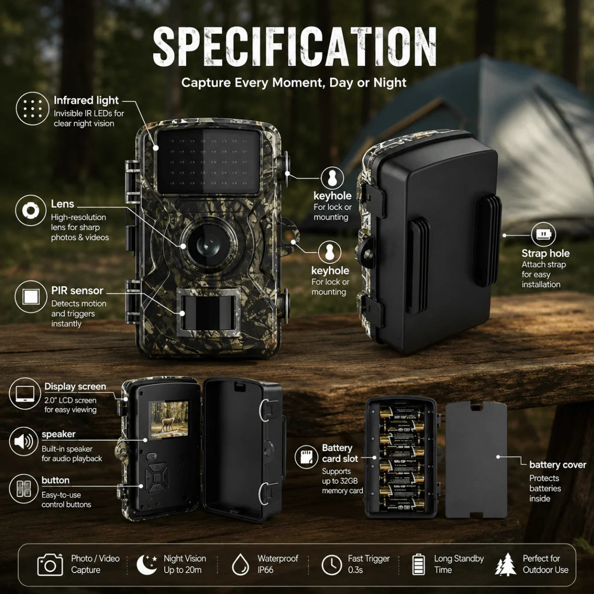 Trail Camera Night Vision Motion Detection Weatherproof Design