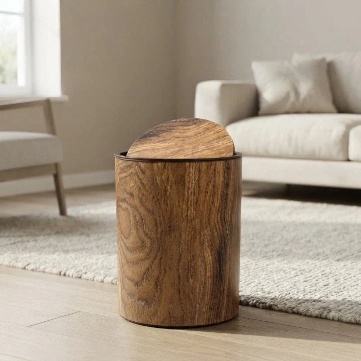 Trash Can Compact Silent Swing Lid Wood-Grain Finish
