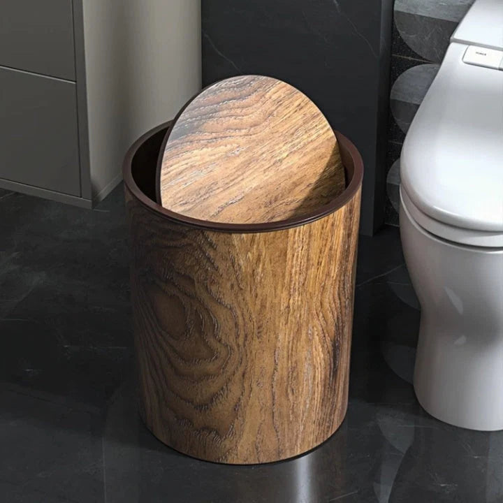 Trash Can Compact Silent Swing Lid Wood-Grain Finish