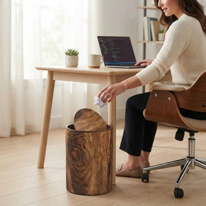 Trash Can Compact Silent Swing Lid Wood-Grain Finish