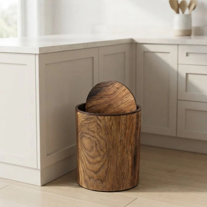 Trash Can Compact Silent Swing Lid Wood-Grain Finish