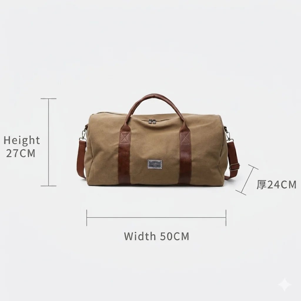 Travel Duffel Bag Washed Canvas Multiple Pockets With Leather Accents