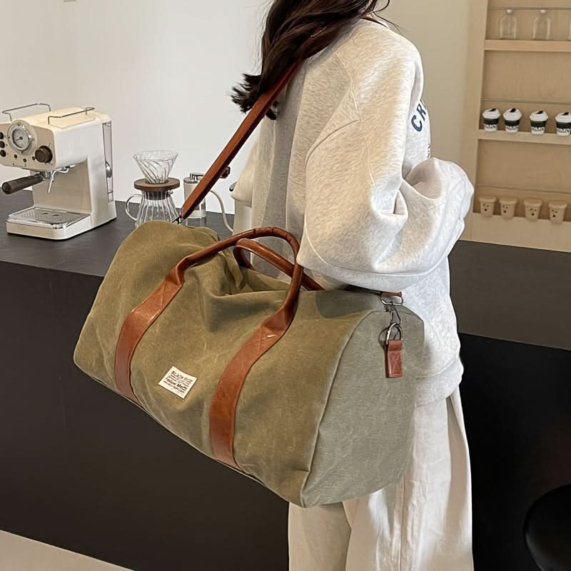 Travel Duffel Bag Washed Canvas Multiple Pockets With Leather Accents