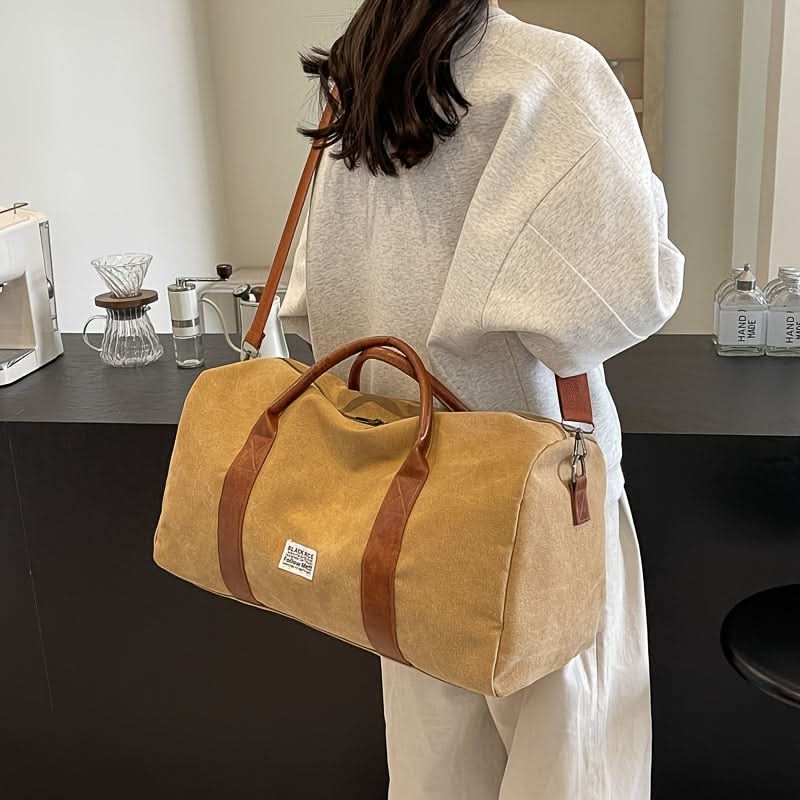 Travel Duffel Bag Washed Canvas Multiple Pockets With Leather Accents
