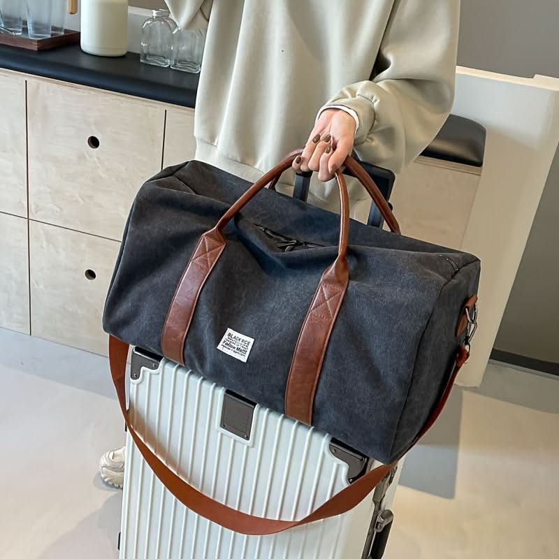 Travel Duffel Bag Washed Canvas Multiple Pockets With Leather Accents