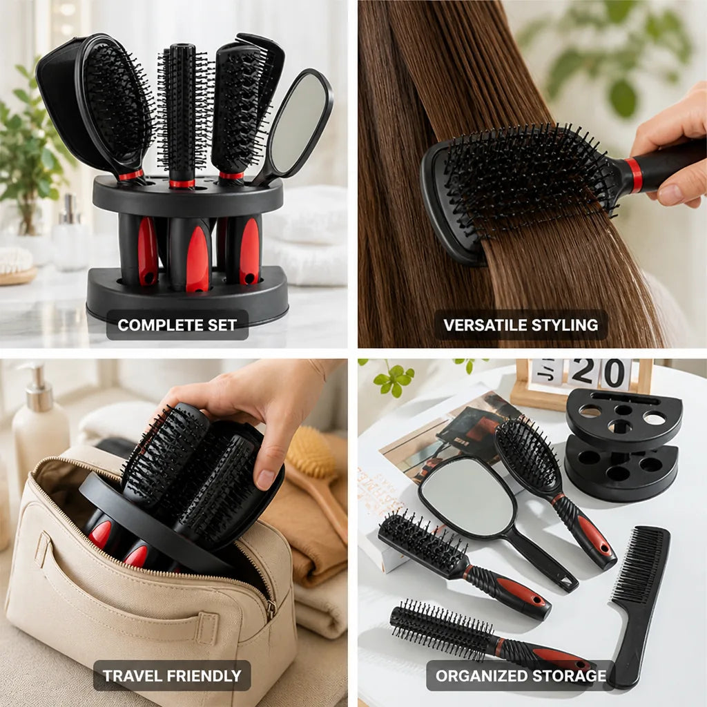 Travel Hairbrush Set Compact Organizer Stand & Mirror