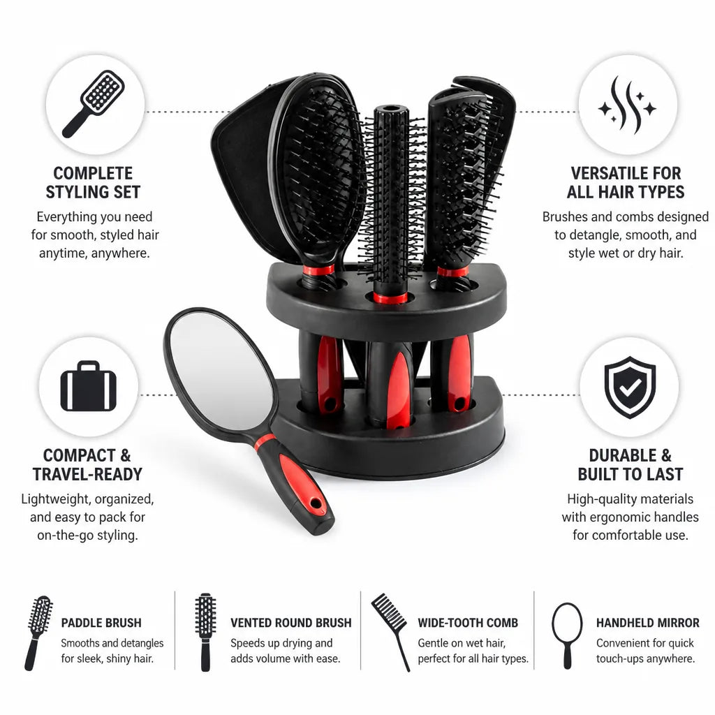 Travel Hairbrush Set Compact Organizer Stand & Mirror