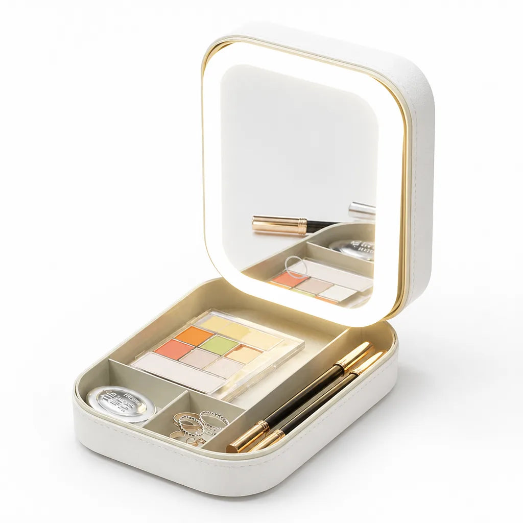 Travel Makeup Bag LED Mirror Multiple Compartments & Waterproof