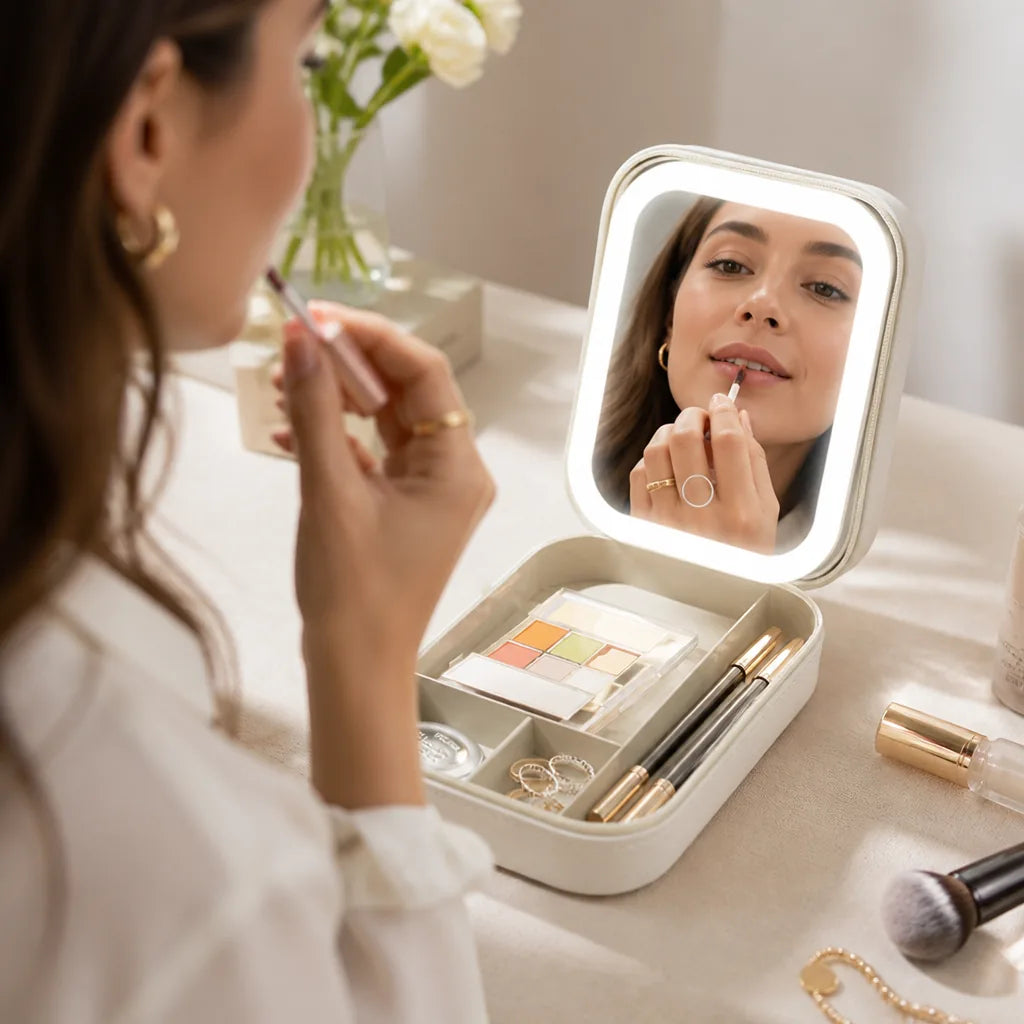 Travel Makeup Bag LED Mirror Multiple Compartments & Waterproof