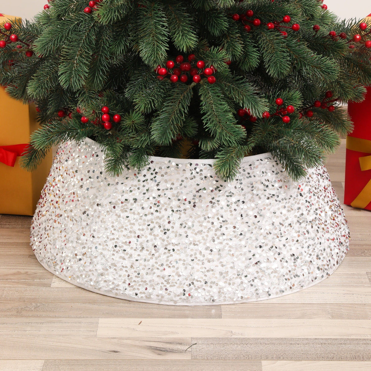 Tree Skirt Sequin Design Spot-Clean Care Multiple Sizes