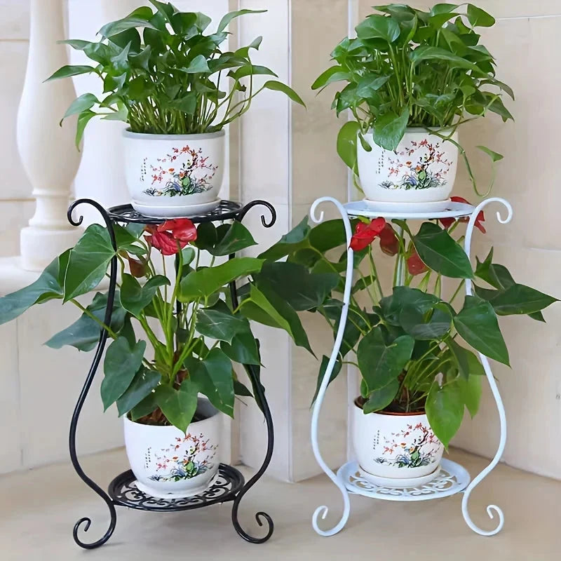 Two-Tier Plant Stand Curved Iron Tool-Free Assembly