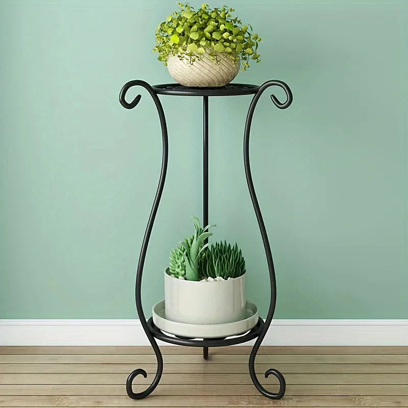 Two-Tier Plant Stand Curved Iron Tool-Free Assembly