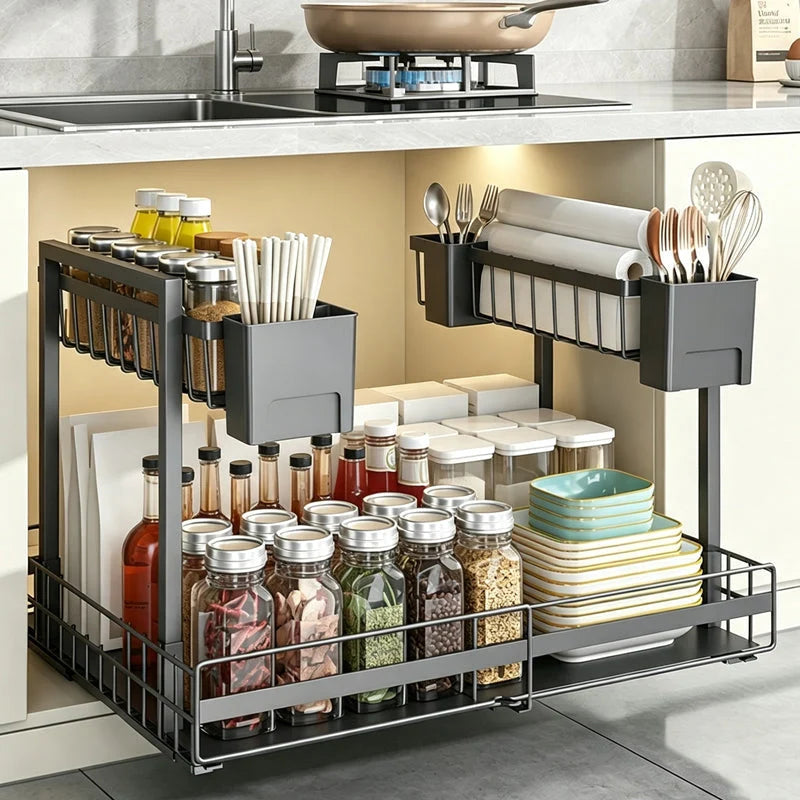 Under-Sink Pull-Out Shelf L-Shaped Two-Tier Smooth-Glide