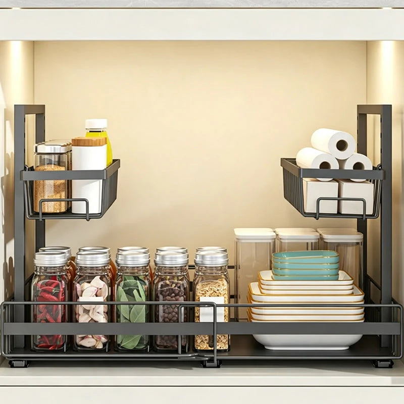 Under-Sink Pull-Out Shelf L-Shaped Two-Tier Smooth-Glide