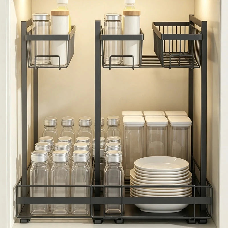 Under-Sink Pull-Out Shelf L-Shaped Two-Tier Smooth-Glide