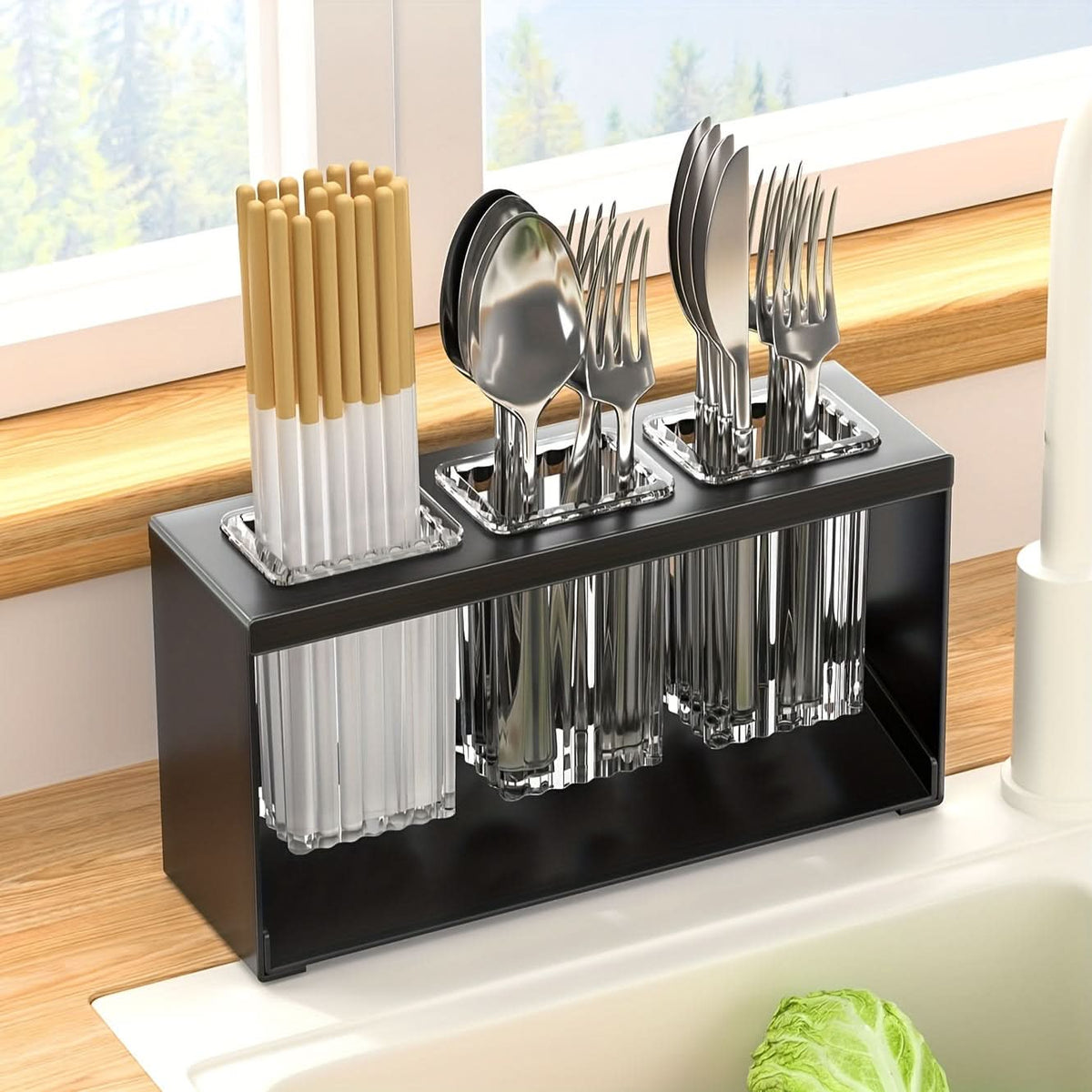 Utensil Holder Multi-Compartment With Drain