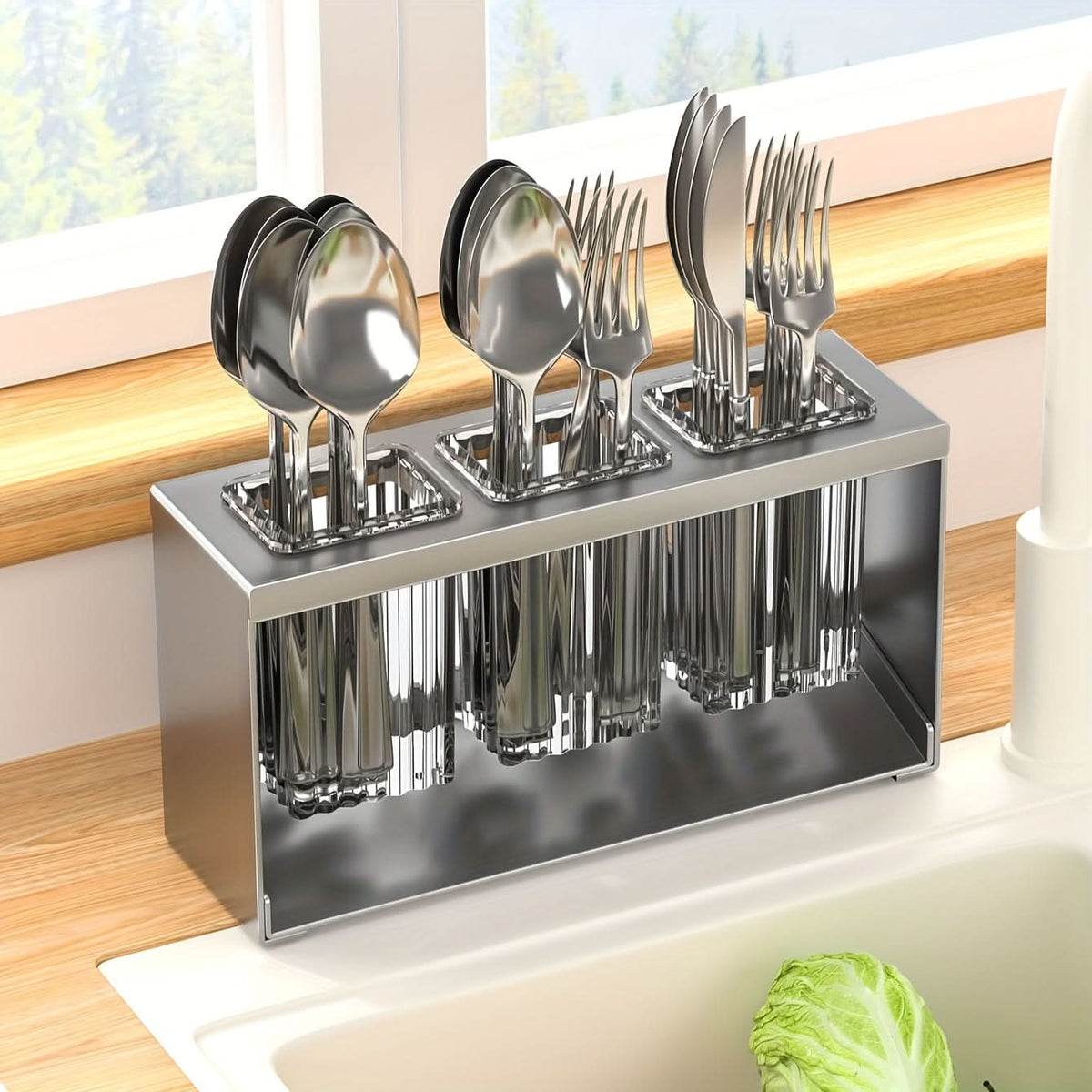 Utensil Holder Multi-Compartment With Drain