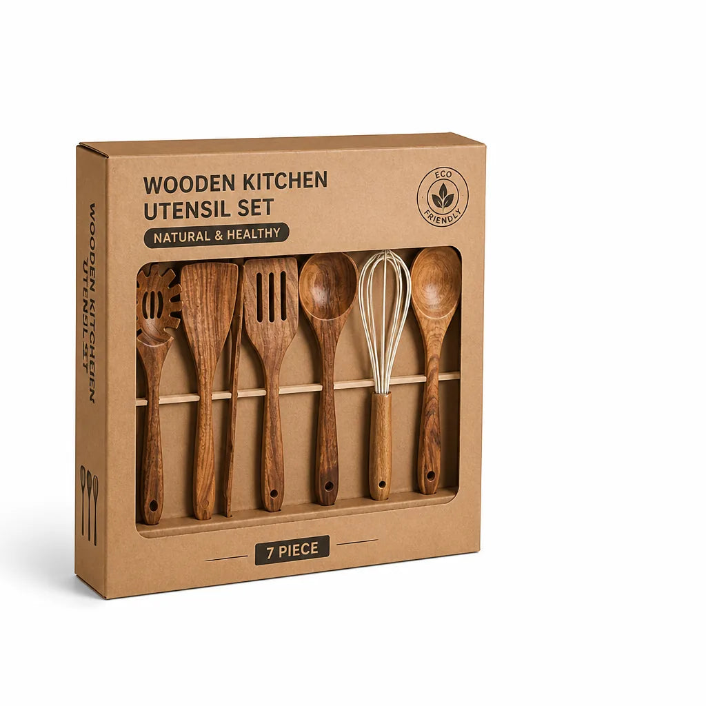 Utensil Set Natural Wood Ergonomic Grip 7 Piece