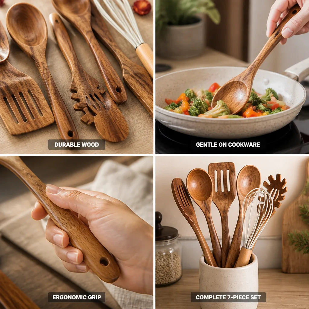 Utensil Set Natural Wood Ergonomic Grip 7 Piece