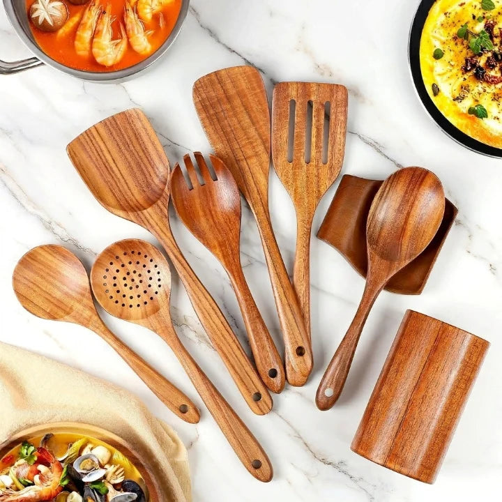 Utensil Set Solid Teak Scratch-Resistant 9-Piece