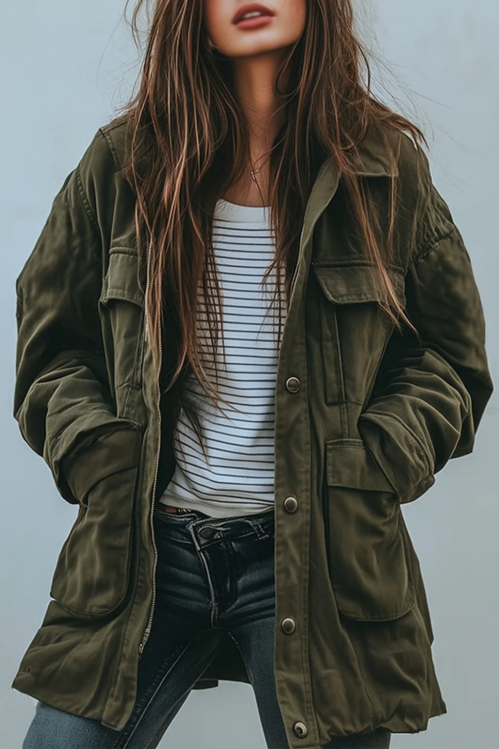 Utility Jacket Green Relaxed Fit Multiple Pockets