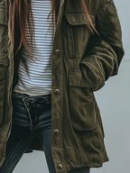 Utility Jacket Green Relaxed Fit Multiple Pockets
