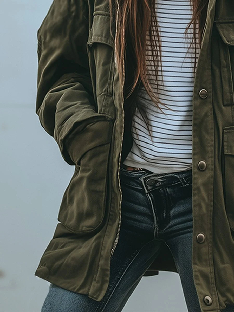 Utility Jacket Green Relaxed Fit Multiple Pockets