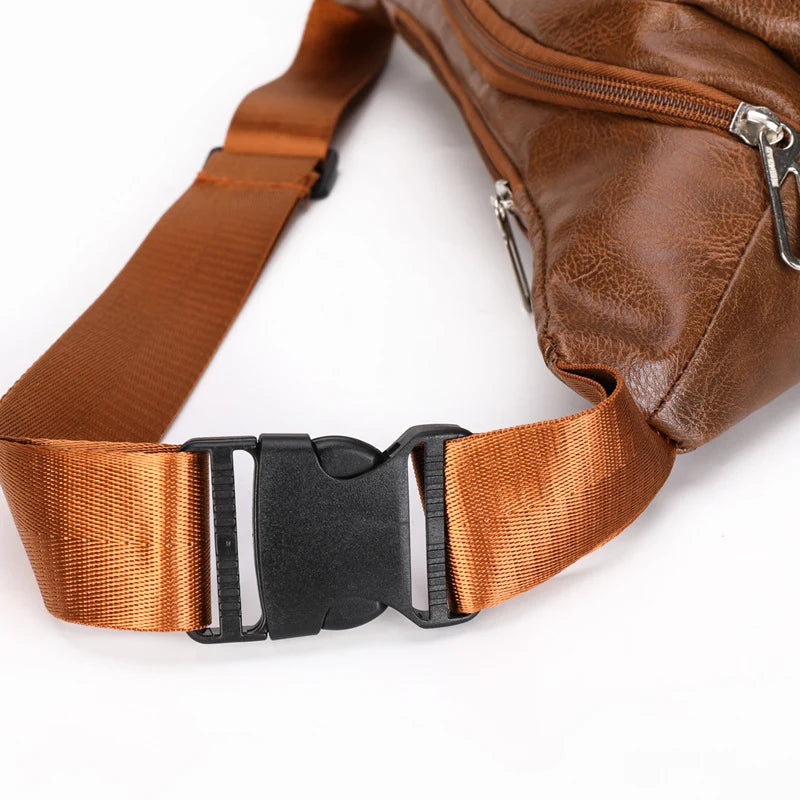 Waist Bag Genuine Leather Multiple Zippered Pockets Adjustable Strap