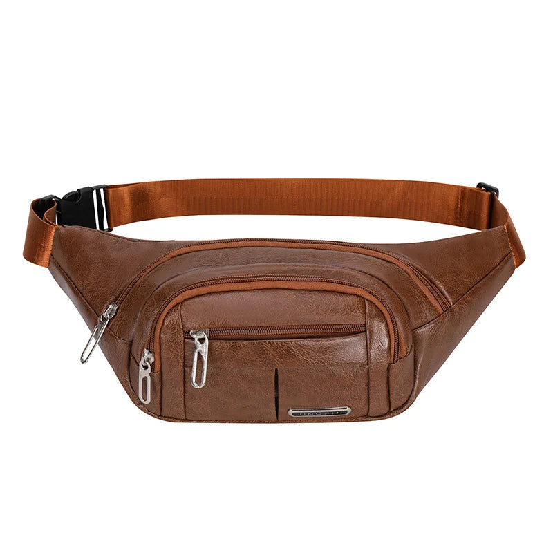 Waist Bag Leather Multiple Zippered Pockets Adjustable Strap